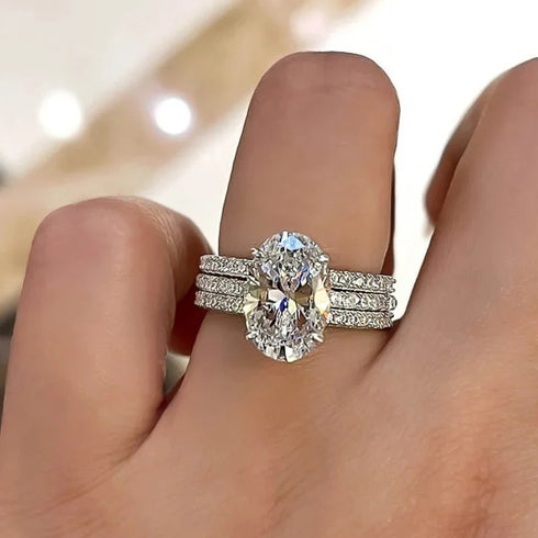 Dazzling Oval CZ Bridal Ring Set – 3 Piece Silver Color Rings